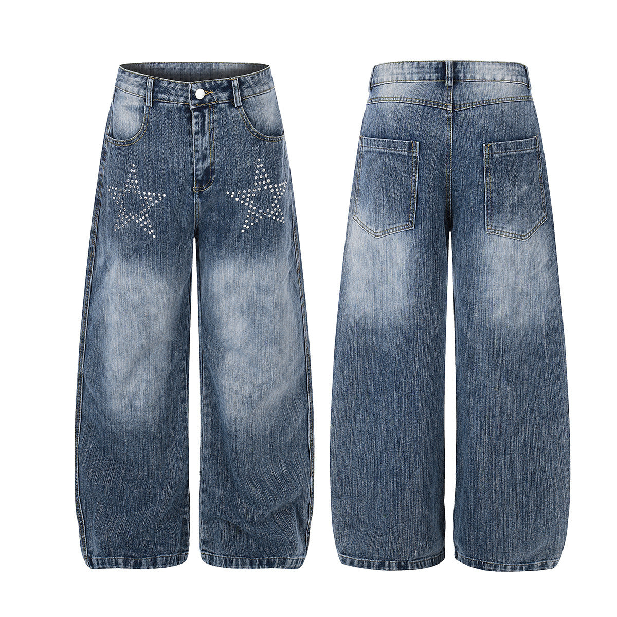 Washed Star Rhinestone Wide Leg Denim Jeans WN25458