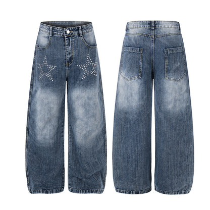 Washed Star Rhinestone Wide Leg Denim Jeans WN25458
