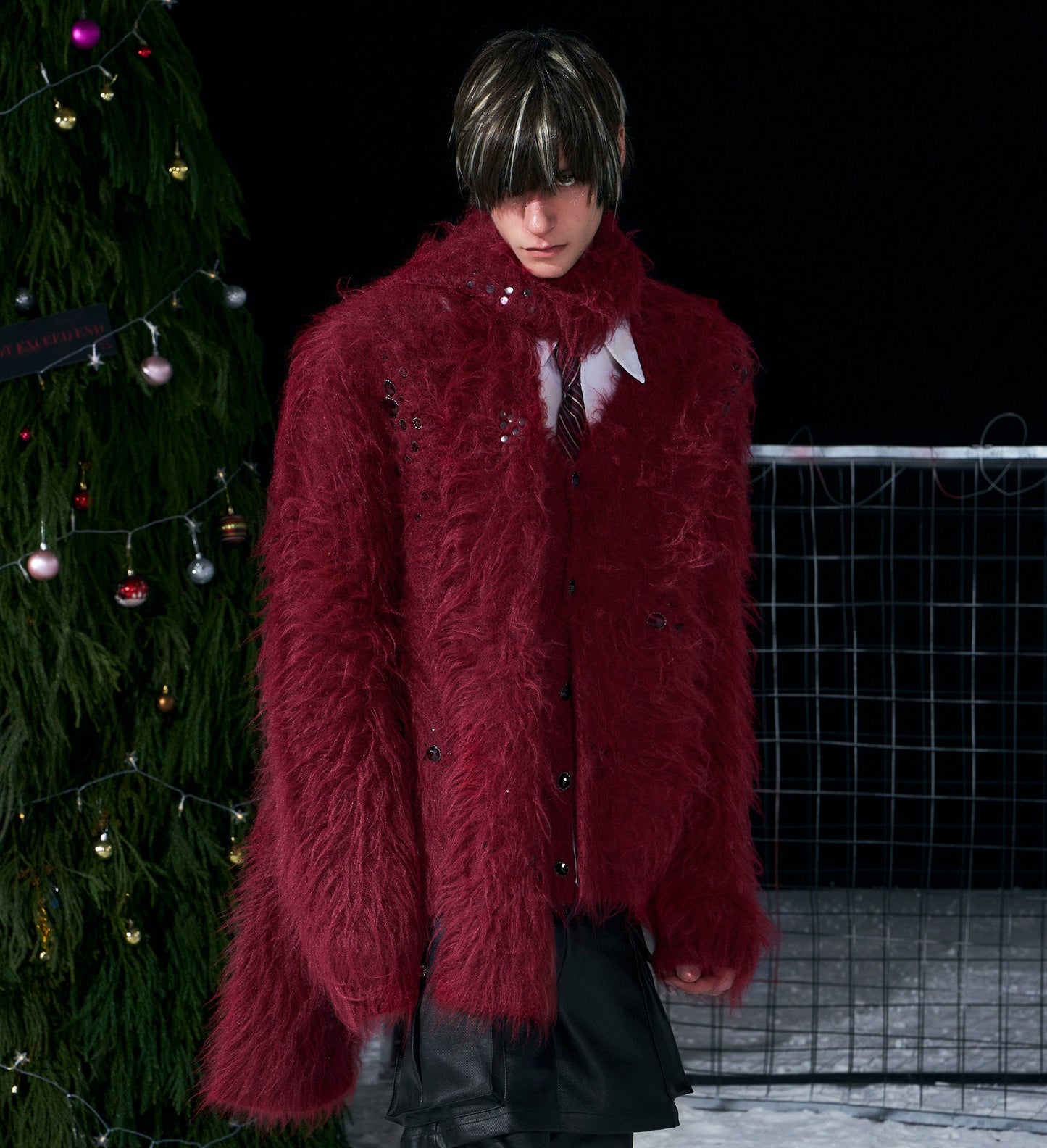 V-Neck Scarf Design Knit Cardigan & Fake Fur Scarf WN22708