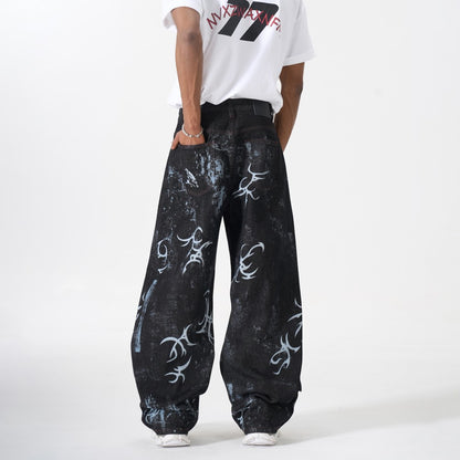 Graffiti Totem Print Wide Leg Denim Jeans WN27881