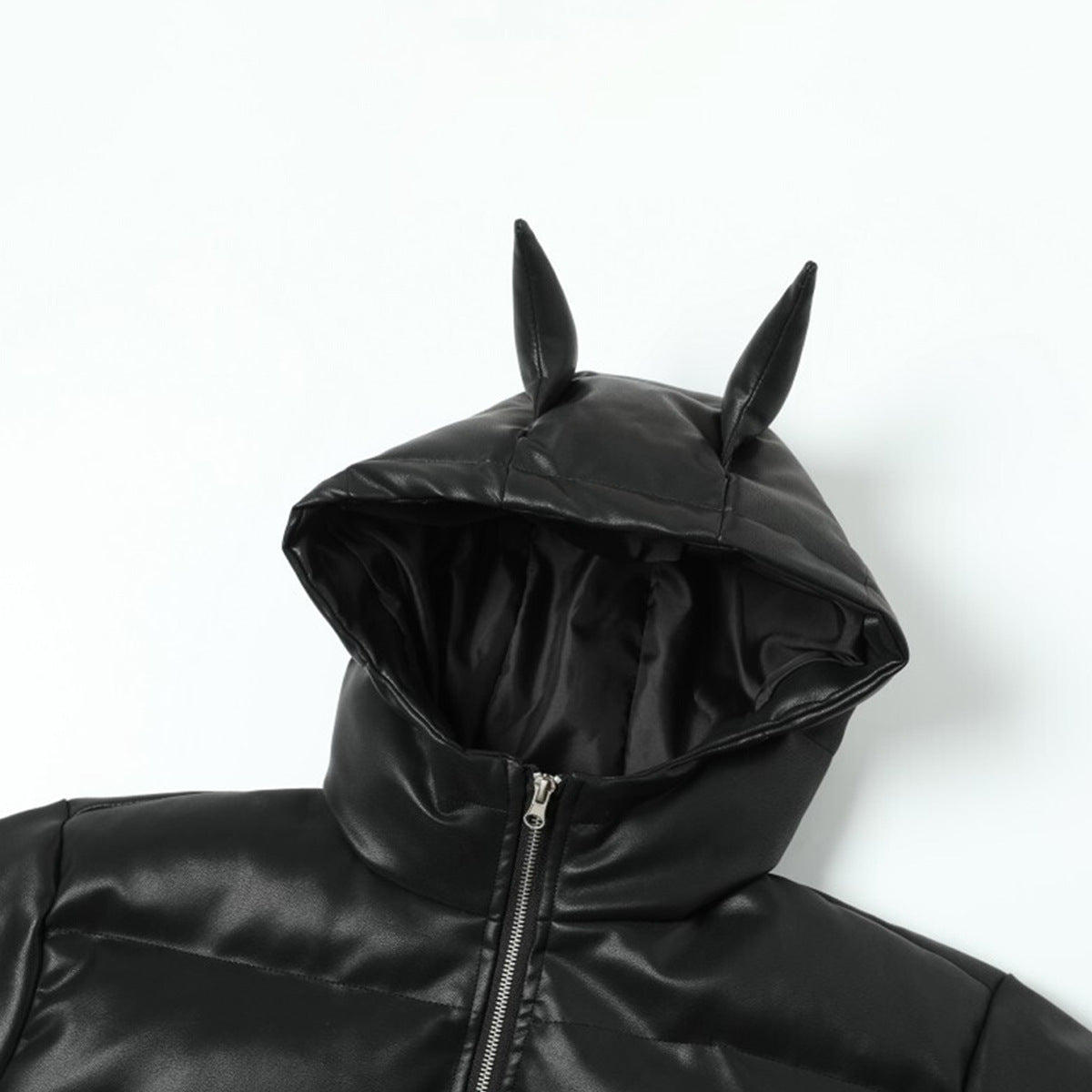 Devil Horn Hooded PU Leather Zipper Puffer Jacket WN21920