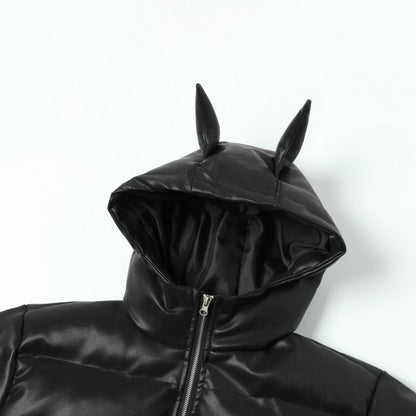 Devil Horn Hooded PU Leather Zipper Puffer Jacket WN21920
