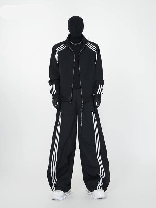 Stripe Line Zipper Jacket & Stripe Line Wide Leg Pants Setup WN24139
