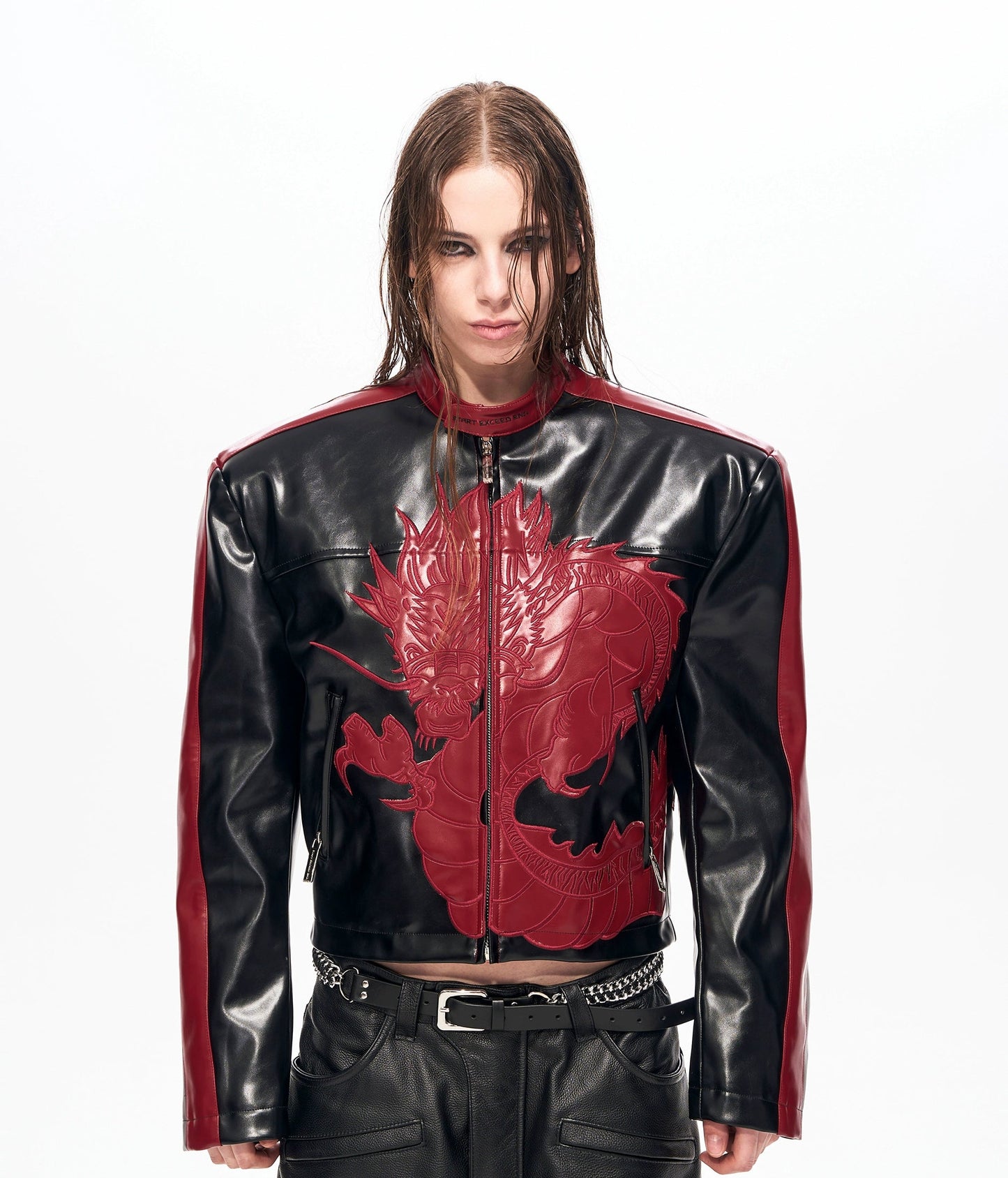 Dragon Embroidery Colorblock Stand Neck PU Leather Jacket WN22129