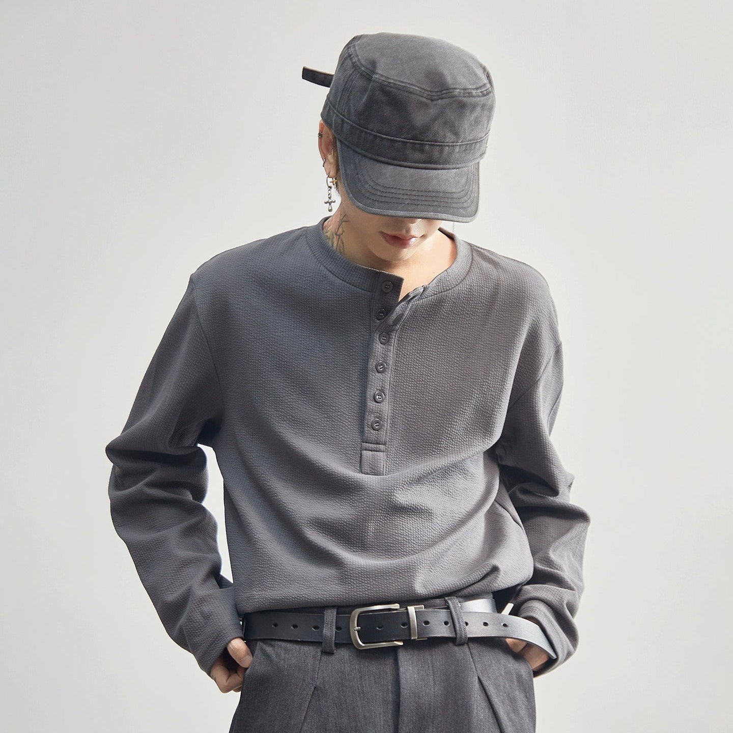 Half-Button Plain Long Sleeve T-Shirt WN21185