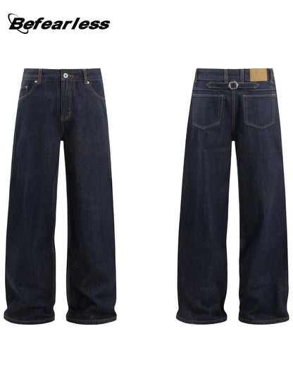 Raw Denim Metal Buckle Straight Jeans WN26308