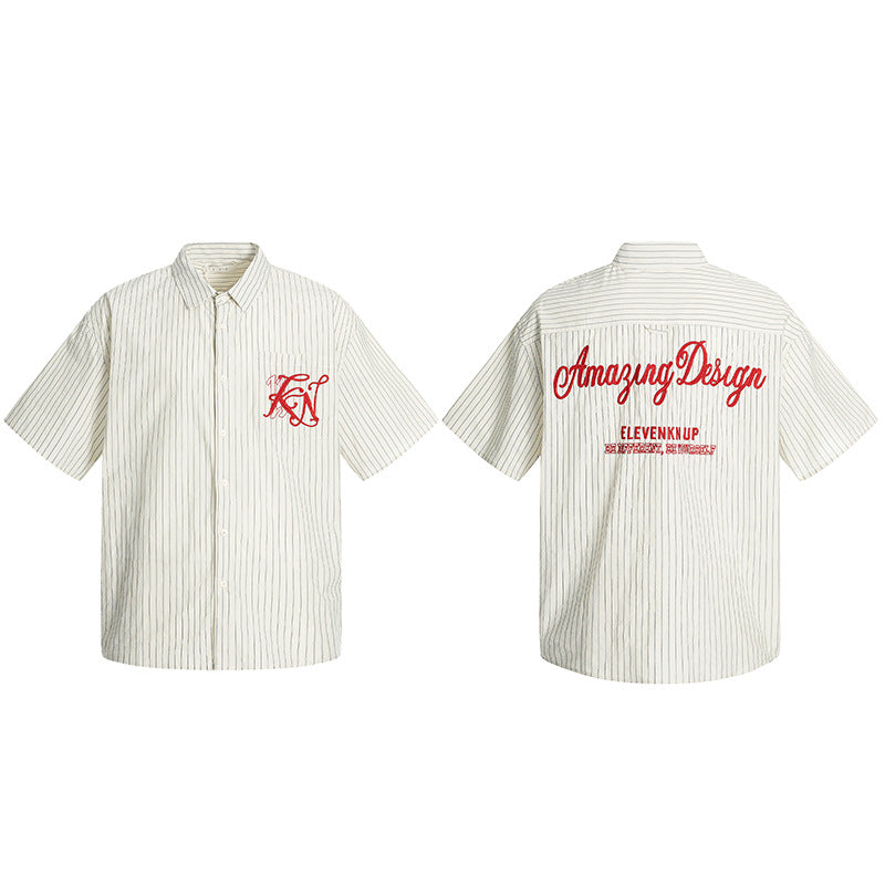 Embroidery Striped Turn-Down Collar Short Sleeve Shirt WN18537