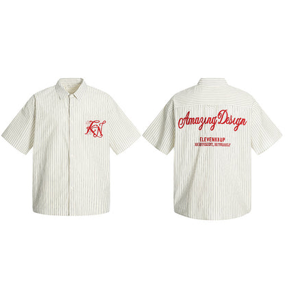 Embroidery Striped Turn-Down Collar Short Sleeve Shirt WN18537