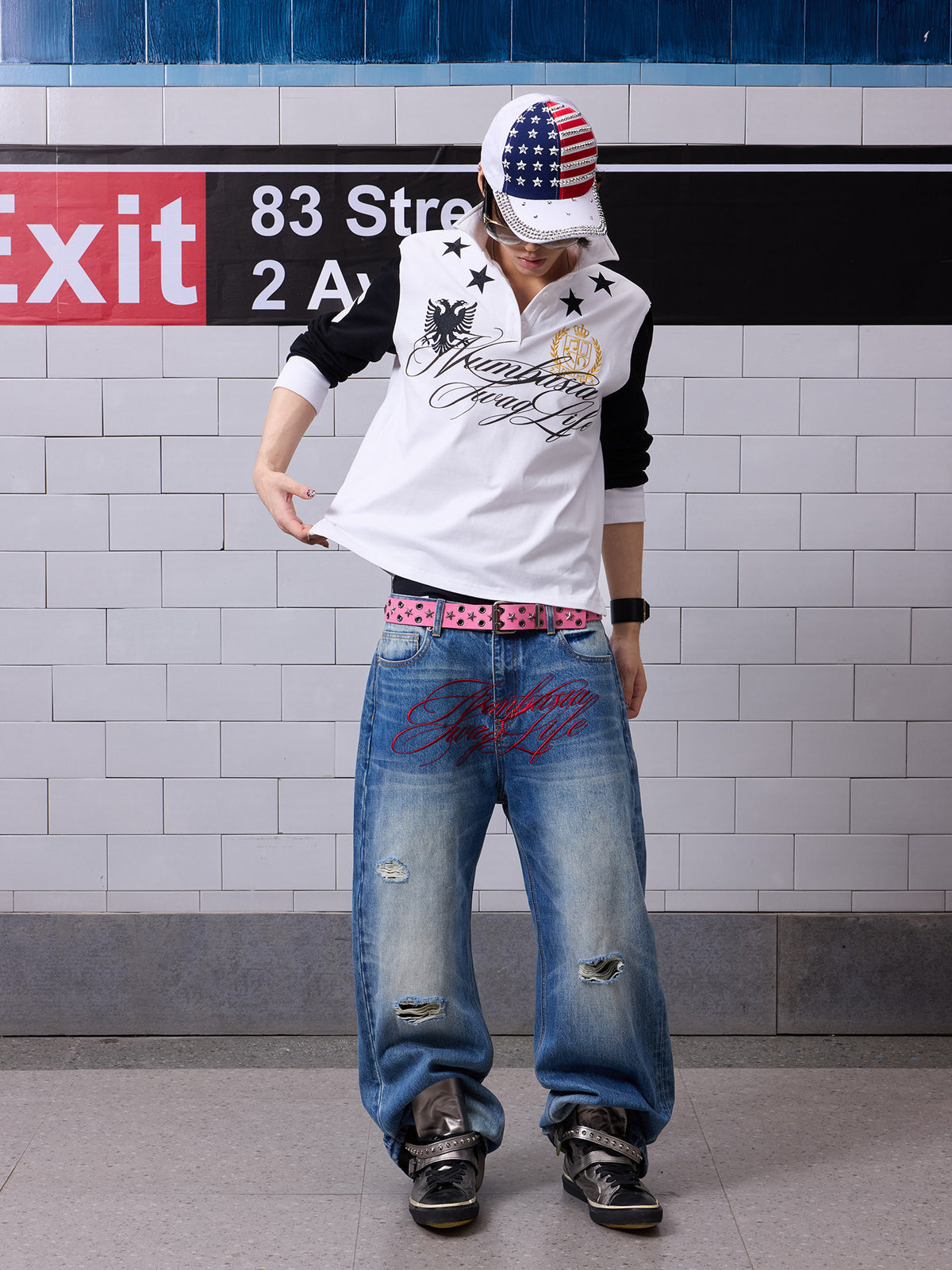 Damage Washed Letter Print Wide Leg Denim Jeans WN27222