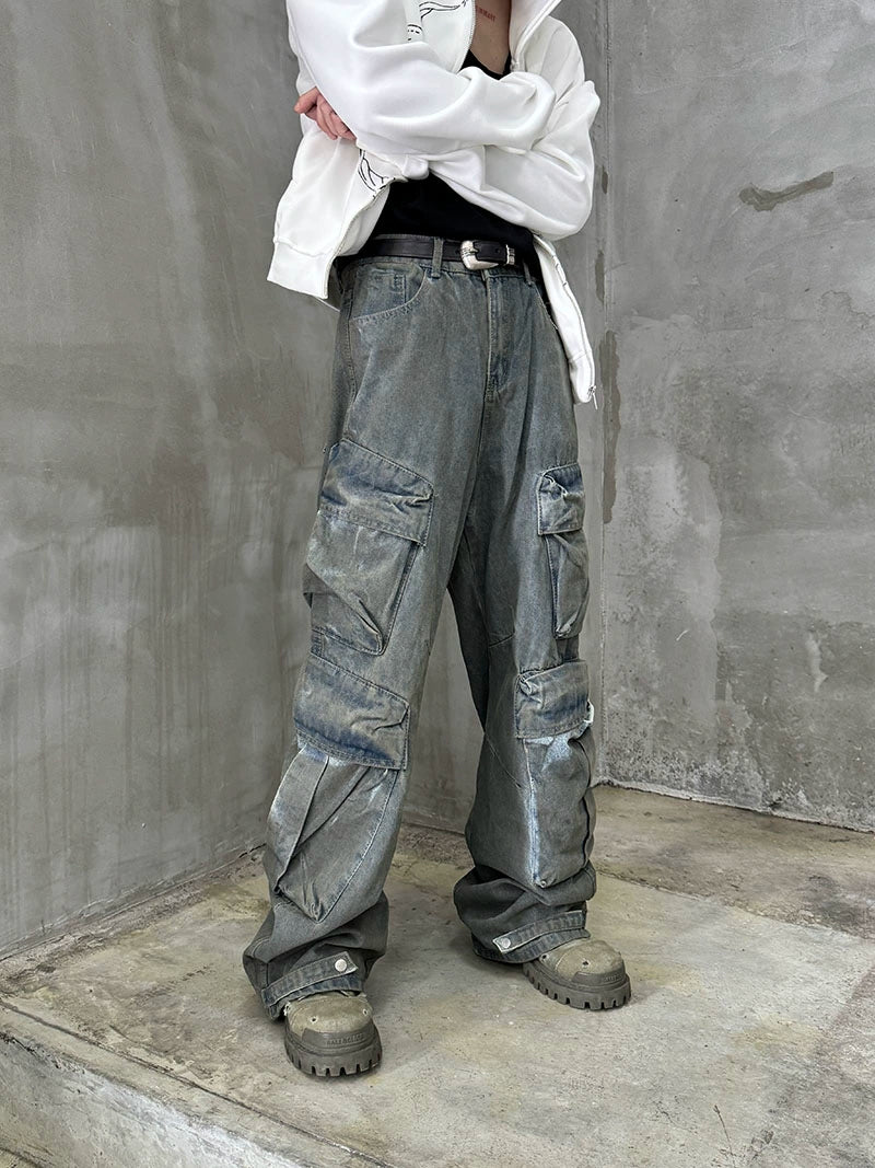 Dye Washed Multi-Pocket Straight Cargo Denim Jeans WN21167