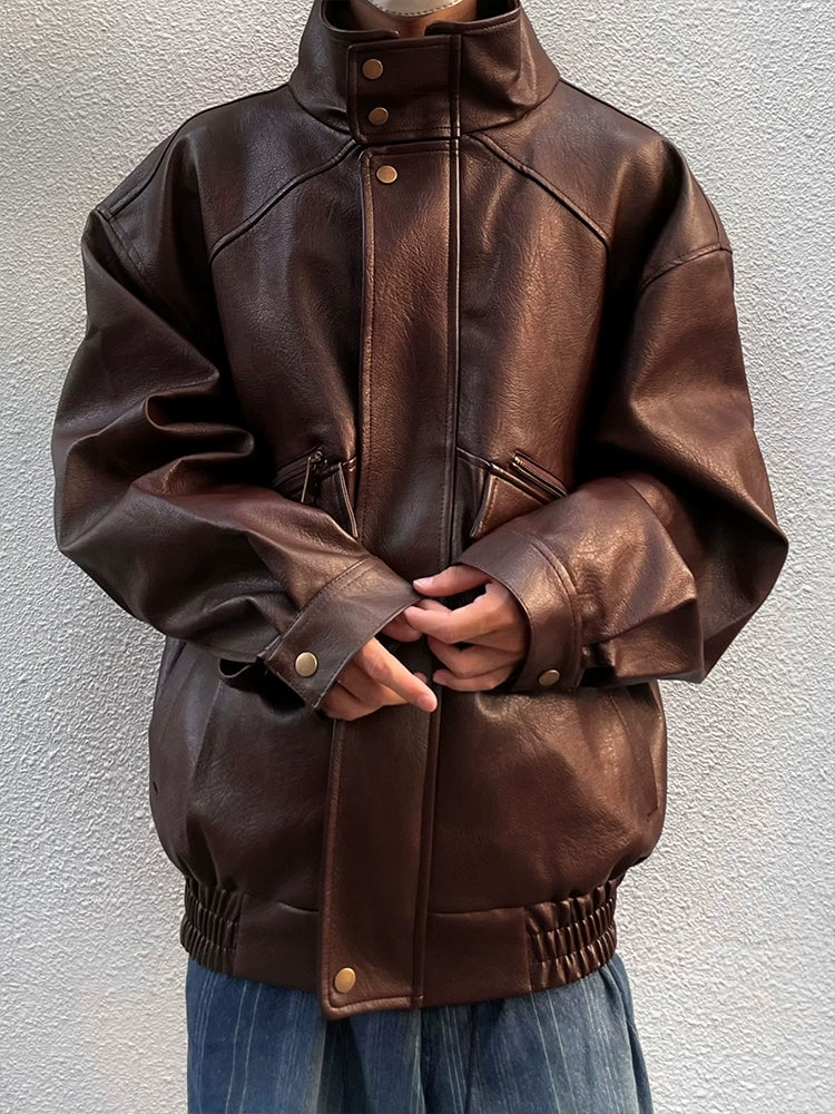 Stand Neck Oversize Windproof PU Leather Jacket WN19987