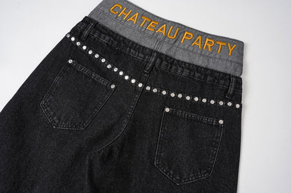 Double Waist Studs Detail Wide Leg Denim Jeans WN28026