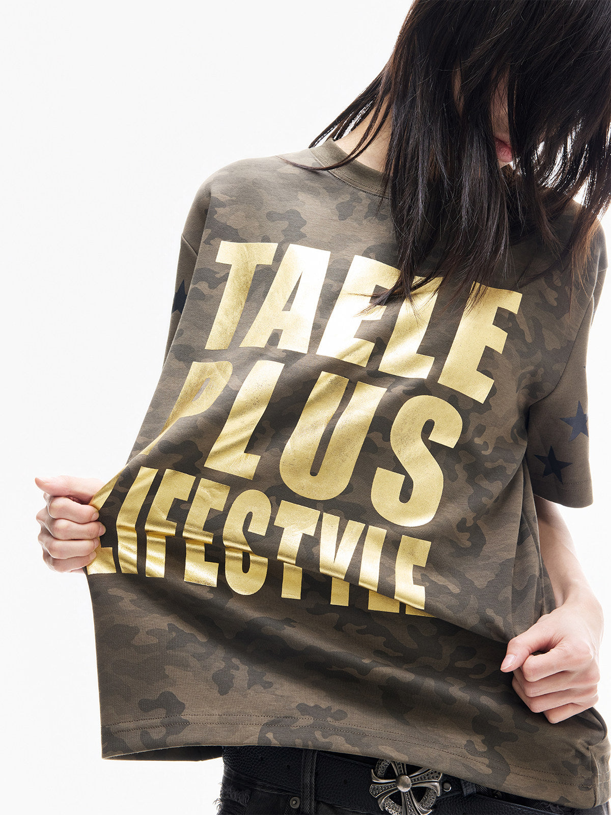 Camouflage Foil Print Oversize Short Sleeve T-Shirt WN27287