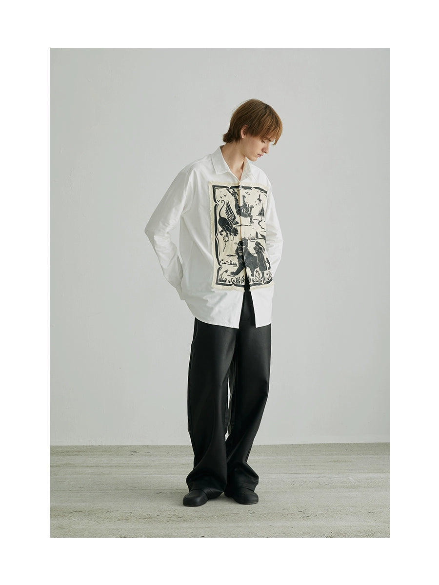 Hand-Drawn Screen Print Frayed Patch Long Sleeve Shirt WN12055