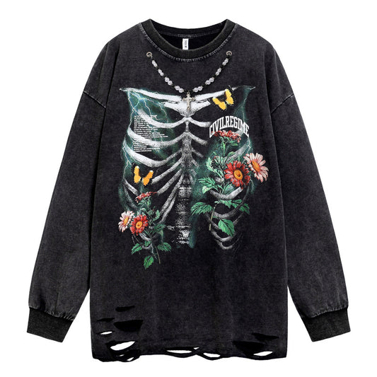Flower Print Wash Damage Long Sleeve T-Shirt WN16488