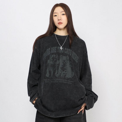 Cat Graphic Print Oversize Long Sleeve T-Shirt WN24486