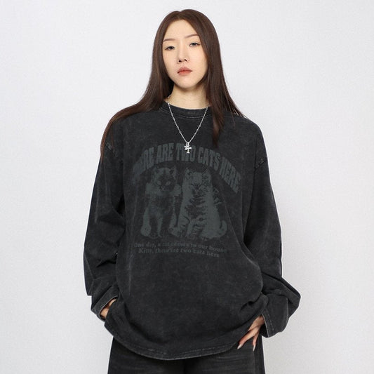 Cat Graphic Print Oversize Long Sleeve T-Shirt WN24486