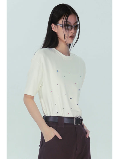 Starry Rhinestone Print Short Sleeve T-Shirt WN18880