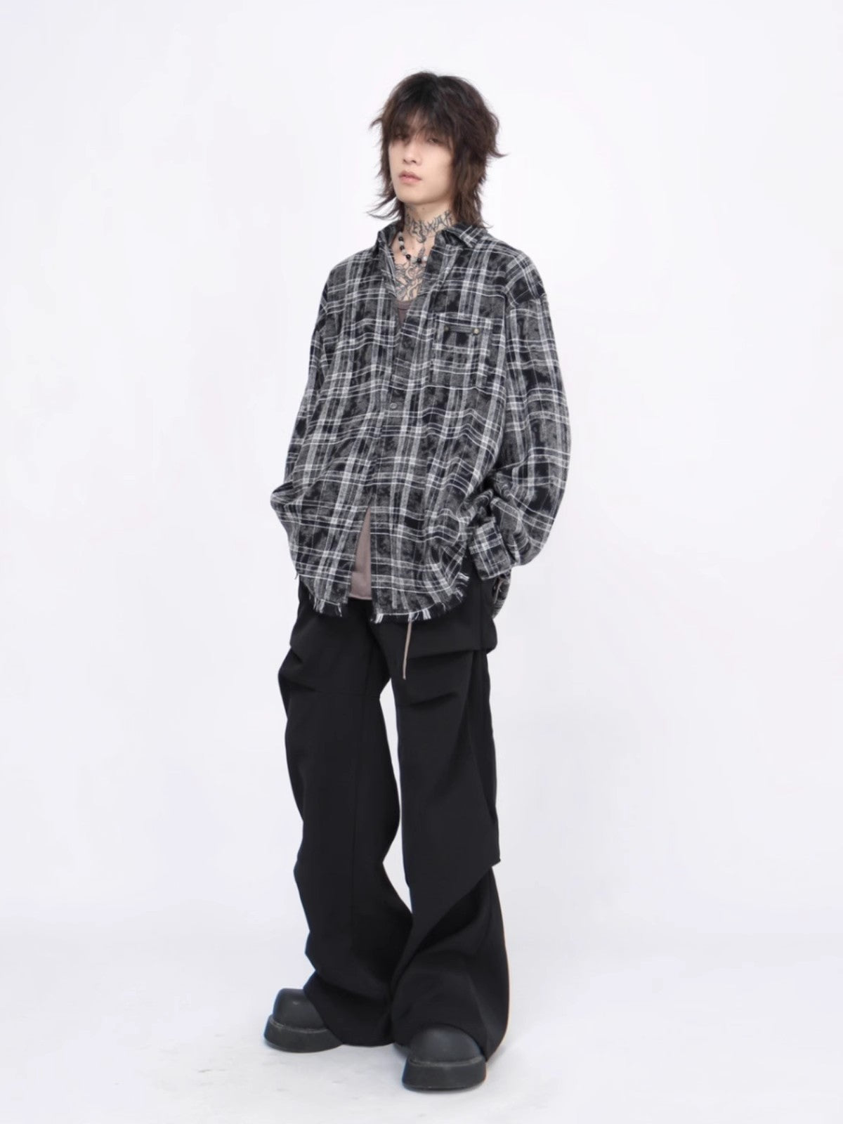 Oversize Damage Plaid Long Sleeve Shirt WN6957