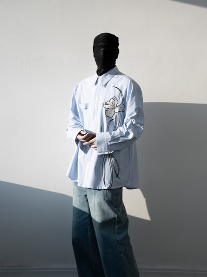 Iris Applique Embroidery Striped Oversize Long Sleeve Shirt WN23844