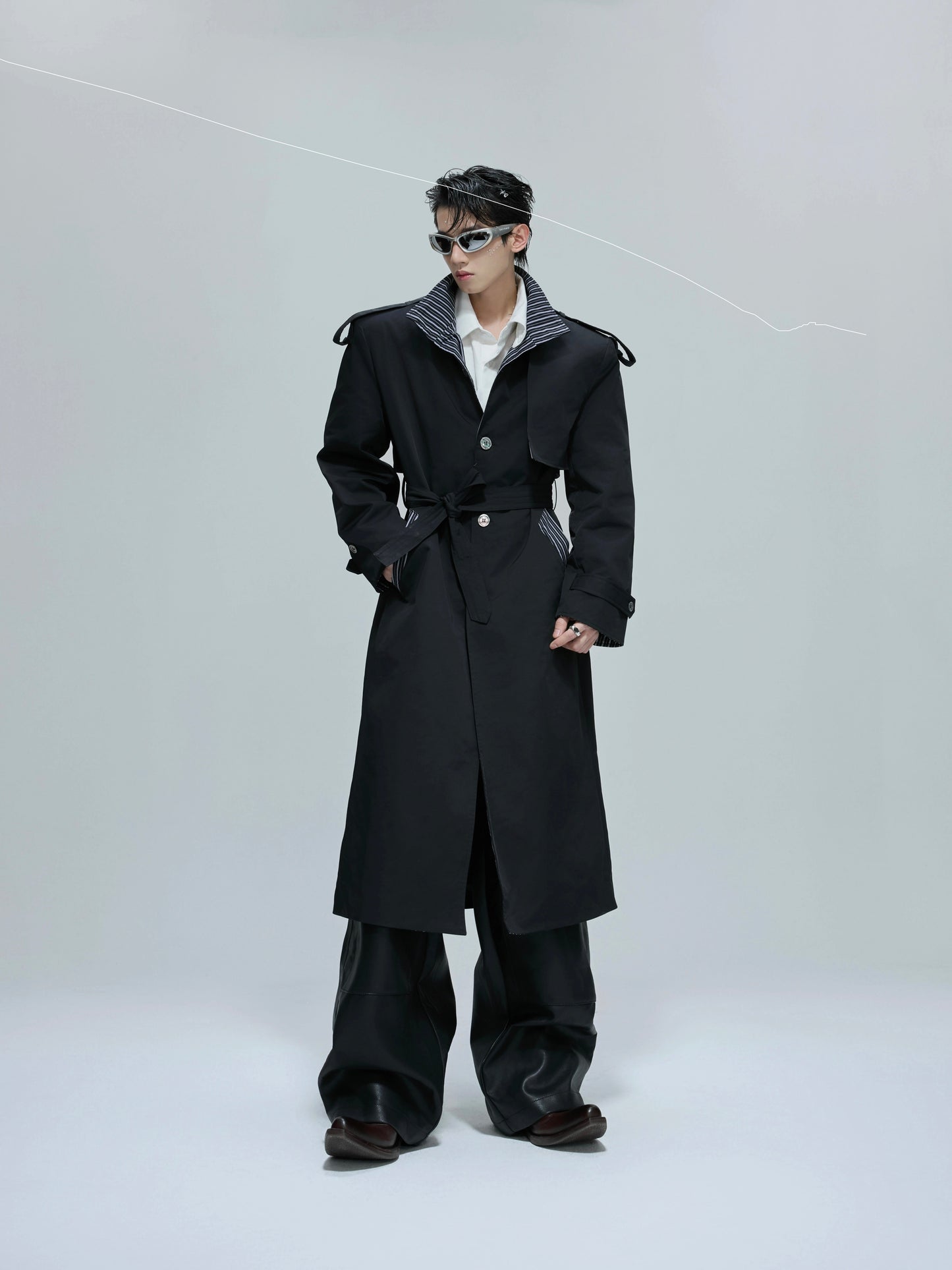 Striped Mix Stitch Standing-Collar Long Trench Coat WN21684