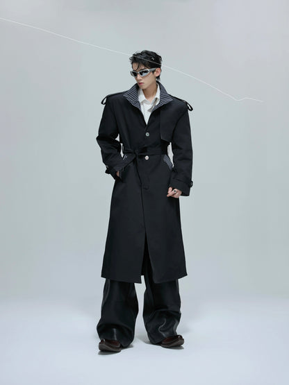 Striped Mix Stitch Standing-Collar Long Trench Coat WN21684