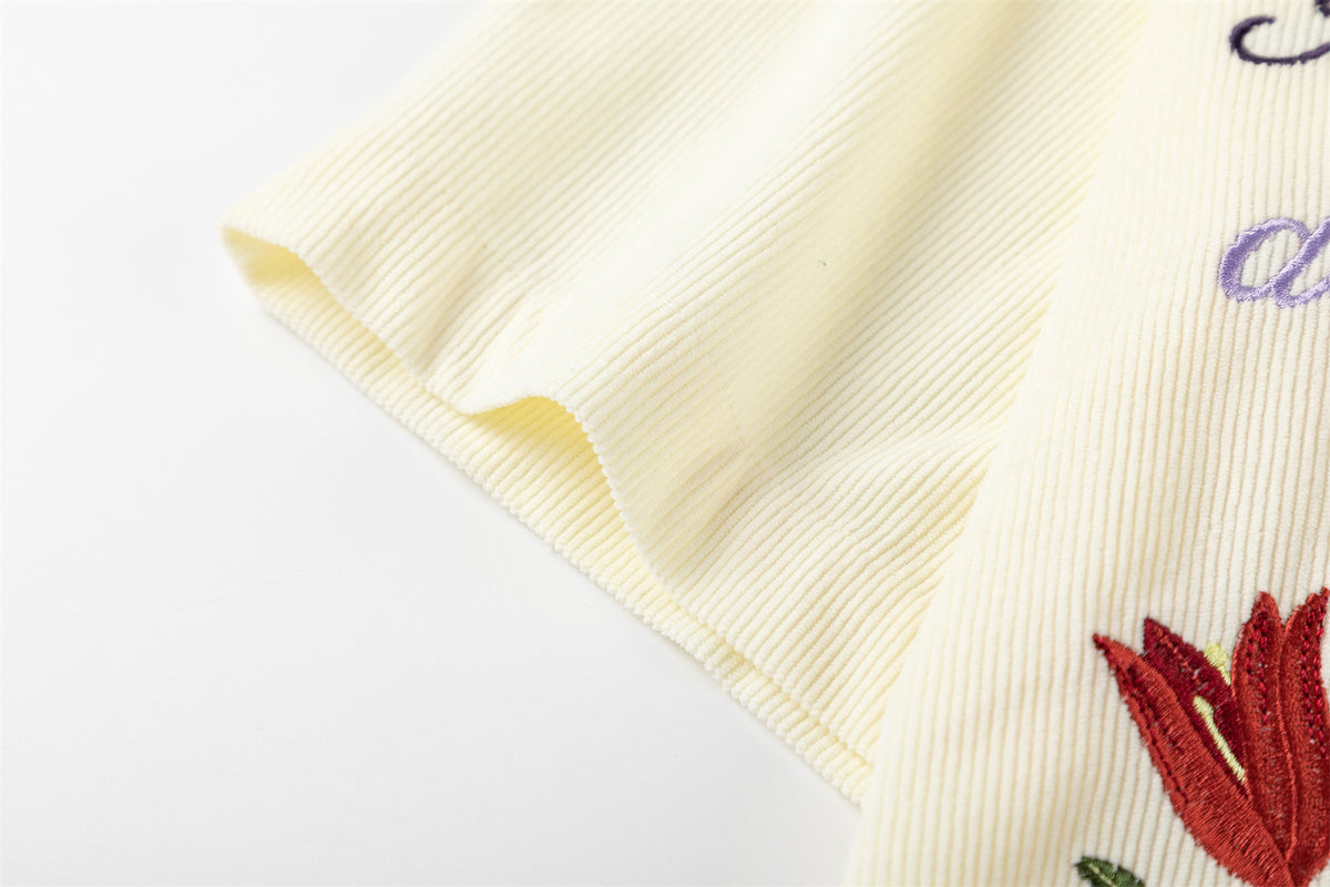 Corduroy Floral Embroidery Short Sleeve Shirt WN26835