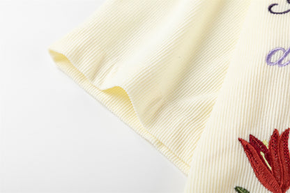 Corduroy Floral Embroidery Short Sleeve Shirt WN26835
