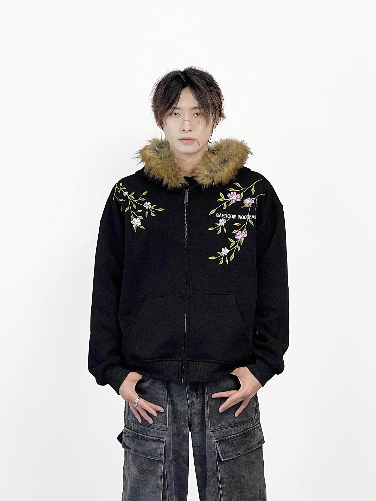 Fake Fur Collar Floral Embroidery Hoodie WN24287