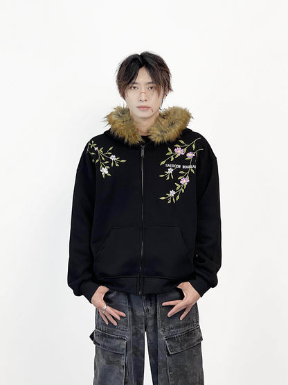 Fake Fur Collar Floral Embroidery Hoodie WN24287
