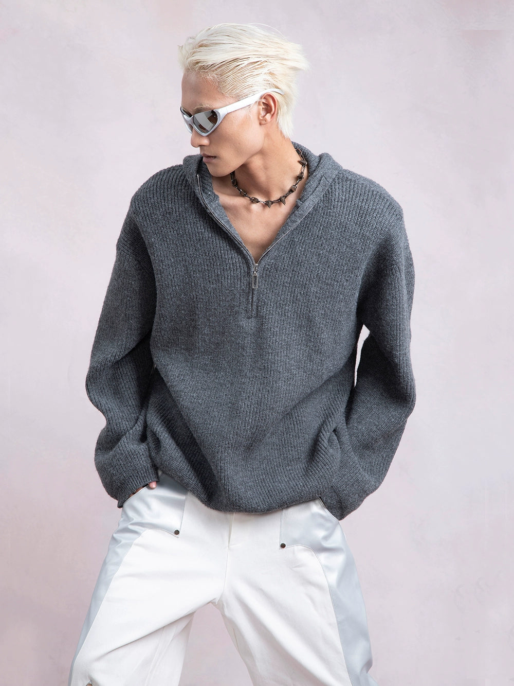 Half Zip Oversize Knit Hoodie WN9345