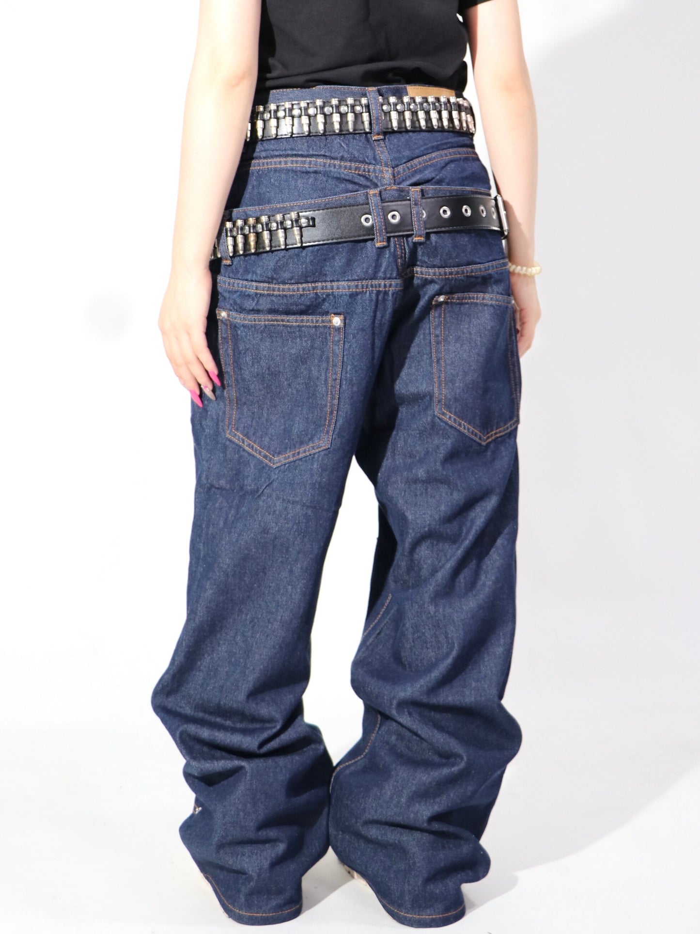 Double Waist Rivet Panel Wide Leg Denim Jeans WN24121
