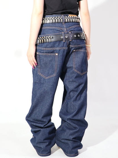 Double Waist Rivet Panel Wide Leg Denim Jeans WN24121