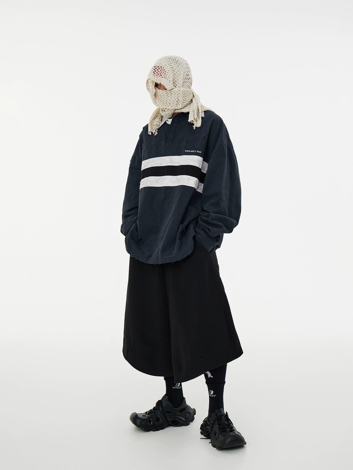 Washed Paint Damage Double Layer Irregular Collar Long Sleeve T-Shirt WN17005