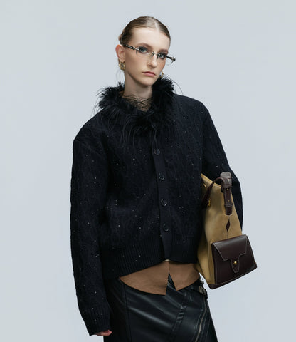 Sequin Fur Collar Cable Knit Cardigan WN21746