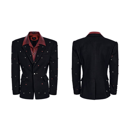 PU Leather Fake Layered Studs Design Tailored Jacket & Wide Leg Trousers Setup WN22648