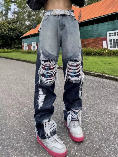Contrast Panel Ripped Layered Wide Leg Denim Jeans WN24048