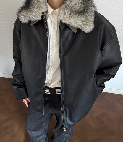Detachable Fake Fur Collar PU Leather Zipper Jacket WN21921
