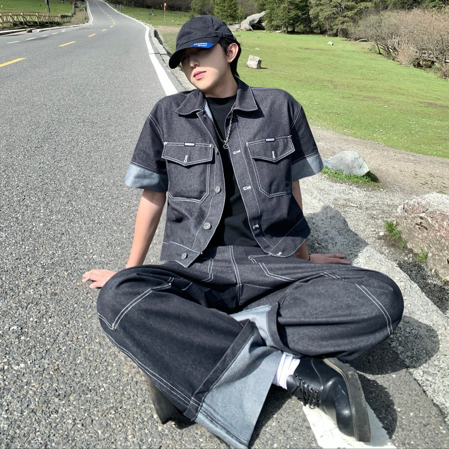 Wash Damage Oversize Denim Short Sleeve Jacket & Wash Damage Wide Leg Denim Jeans Setup WN25248