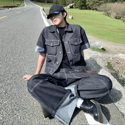 Wash Damage Oversize Denim Short Sleeve Jacket & Wash Damage Wide Leg Denim Jeans Setup WN25248