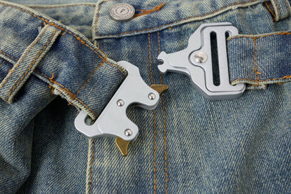 Washed Whisker Metal Buckle Denim Half Pants WN25513