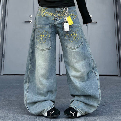 Washed Curved Embroidery Wide Leg Denim Jeans WN24206