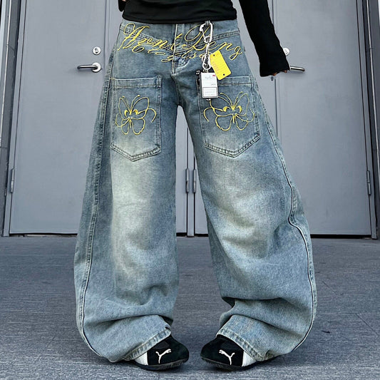 Washed Curved Embroidery Wide Leg Denim Jeans WN24206