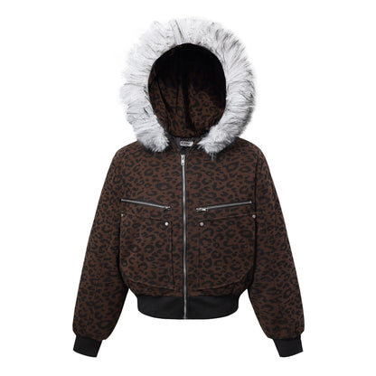 Leopard Print Fake Fur Trim Hooded Oversize Puffer Jacket WN27919