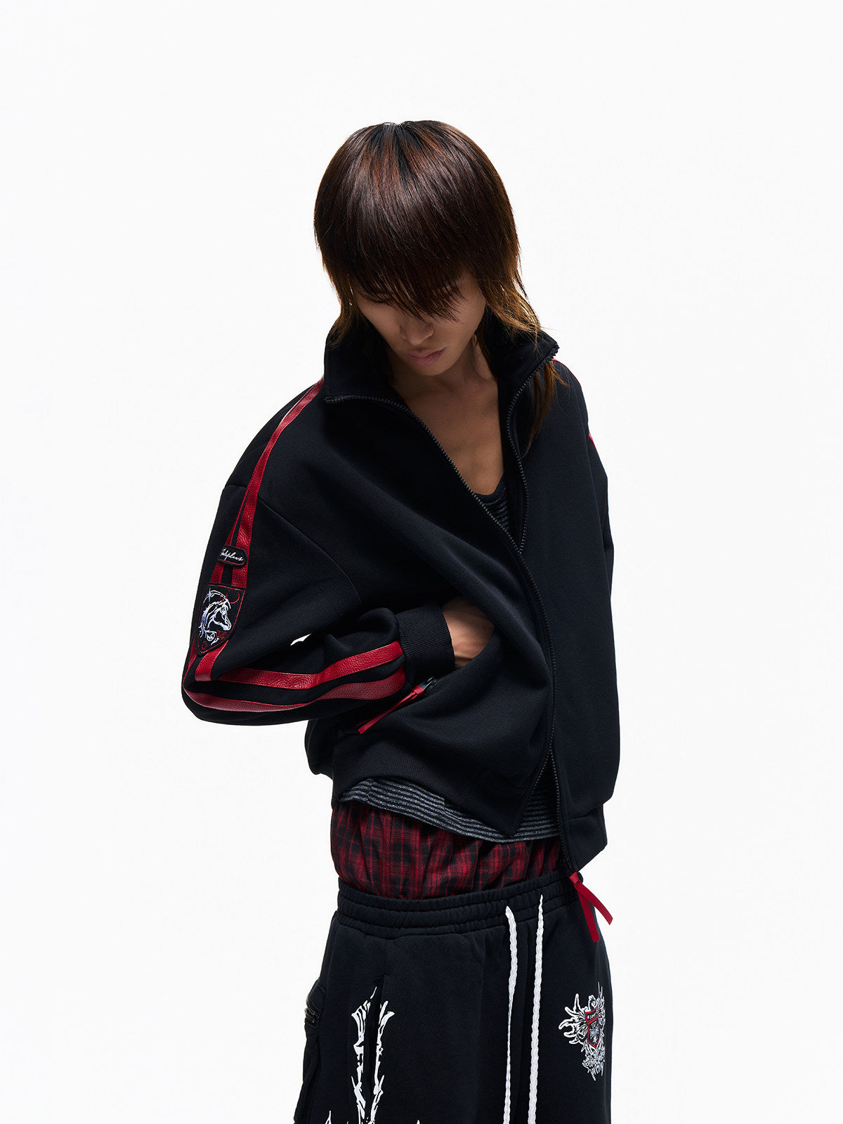 Contrast Textured PU Leather Webbing Stand Neck Jacket WN27295