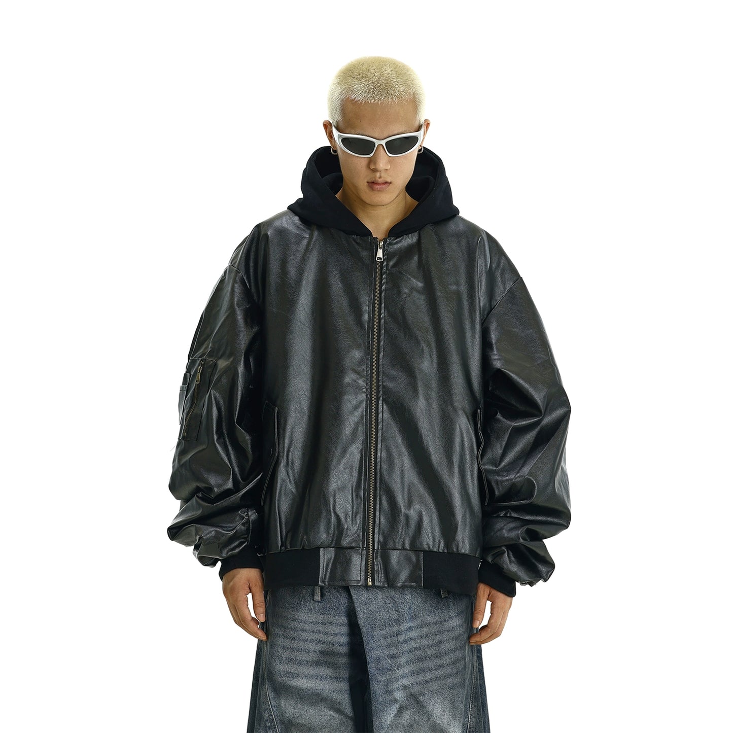 Hooded PU Leather Short Windproof Bomber Jacket WN10611