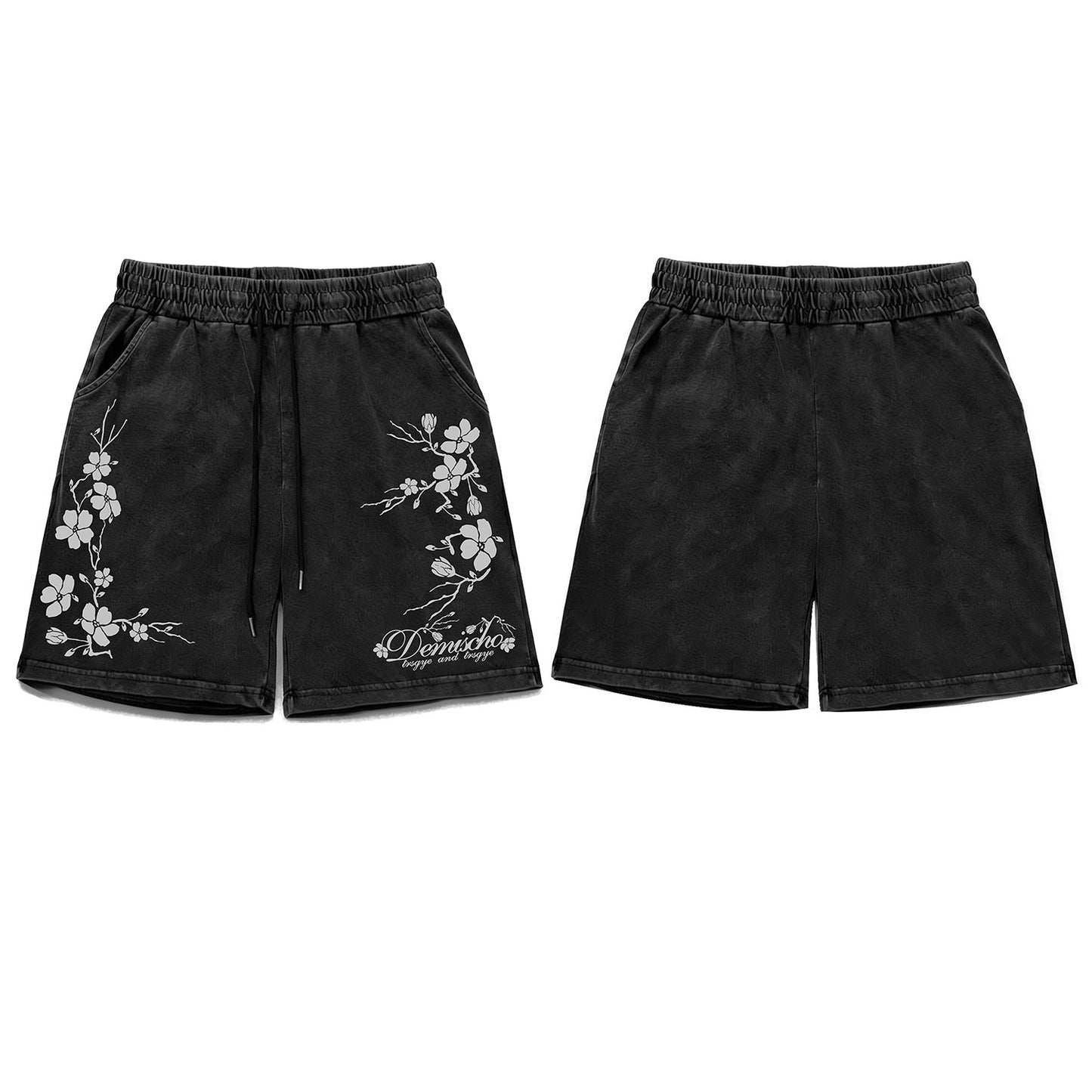 Washed Plum Blossom Print Half Sweatpants WN26749