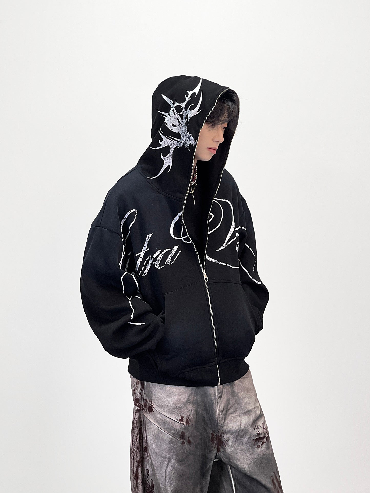 Subculture Graffiti Print Oversize Zipper Hoodie WN24259