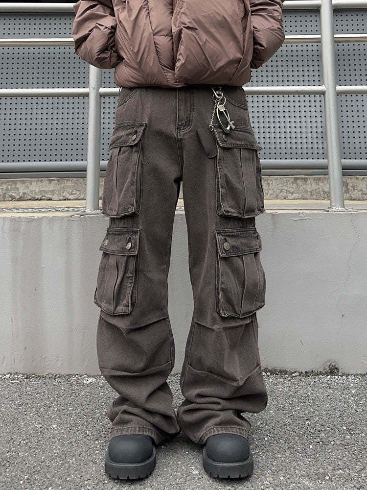 Wash Damage Multi Pocket Straight Cargo Denim Jeans WN24360