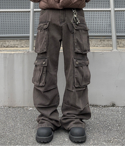 Wash Damage Multi Pocket Straight Cargo Denim Jeans WN24360